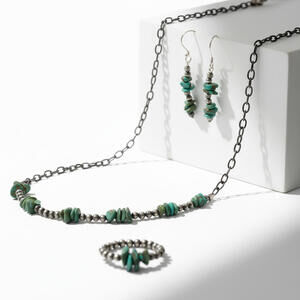 Carico Lake Turquoise Sterling Silver Bead Necklace Ring & Earring Set